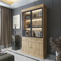 Eetkamer CASTELLO: Dressoir + Vitrinekast + Eettafel 210x98 + 4x Stoelen BARKER Natural
