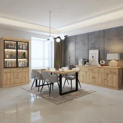 Eetkamer CASTELLO: Dressoir + Vitrinekast + Eettafel 180x98 + 4x Stoelen TOMASO Micro Cognac