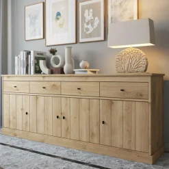 Eetkamer CASTELLO: Dressoir + Vitrinekast + Eettafel 180x98 + 4x Stoelen TOMASO Micro Cognac