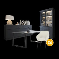 Eetkamer CASTELLO: Dressoir + Vitrinekast + Tafel 210x98 + 4X stoelen BAVO Bouclé