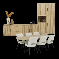 Eetkamer JAKARTA: Dressoir + Barkast + Tafel 225x100 + 4x stoelen ALICIA Touch Pearl