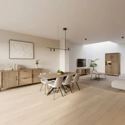 Eetkamer JAKARTA: Dressoir + Barkast + Tafel 225x100 + 4x stoelen ALICIA Touch Pearl