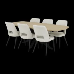 Eetkamer JAKARTA: Dressoir + Barkast smal + Tafel 225x100 + 4x stoelen ALICIA Touch Pearl