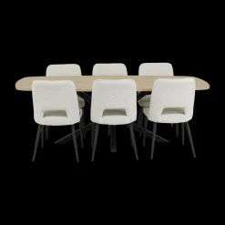 Eetkamer JAKARTA: Dressoir + Barkast smal + Tafel 225x100 + 4x stoelen ALICIA Touch Pearl