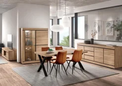 Eetkamer MACOUN: Dressoir + Glaskast + ABBEY Tafel + 4 stoelen LORRY Cognac