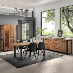 Eetkamer MADAGASCAR: Dressoir + Glaskast + Tafel 200x100 + 4 stoelen LORRY Zwart