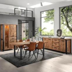 Eetkamer MADAGASCAR: Dressoir + Glaskast + Tafel 200x100 + 4 stoelen LORRY Cognac