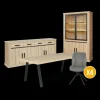 Eetkamer TEODOR: Dressoir + Vitrinekast + Eettafel ABBEY 200x100 + 4x stoelen INDIGO Mouse Grey