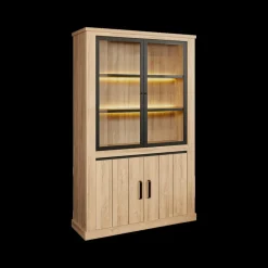 Eetkamer TEODOR: Dressoir + Vitrinekast + Eettafel ABBEY 230x100 + 4x stoelen INDIGO Mouse Grey