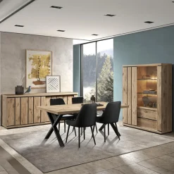 Eetkamer TREVOR: Dressoir + Glaskast + Tafel + 4 Stoelen LISSONI zwart