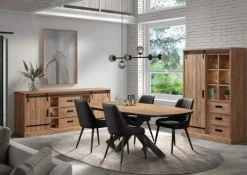Eetkamer VERDUN: Dressoir + Combikast + Tafel Ovaal 200x100 + 4 stoelen LISSONI PU Zwart