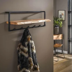 Kapstok 6 haken met plank, massief accacia naturel